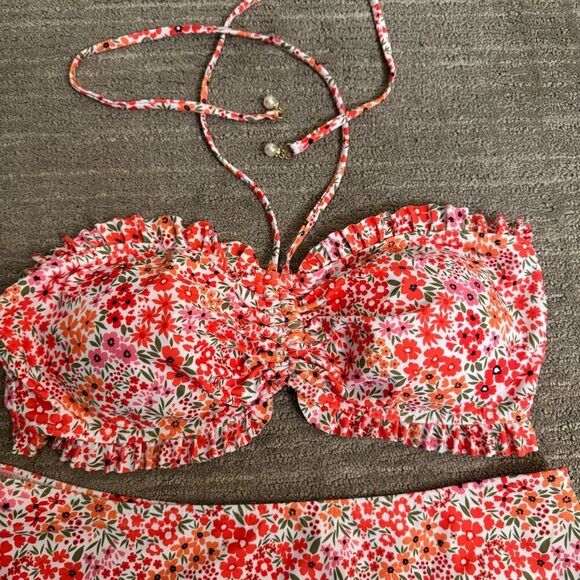 Orange Pink Red Floral Swimsuit Bikini Ruffle Bandeau Halter Top XL NWOT - Picture 3 of 6